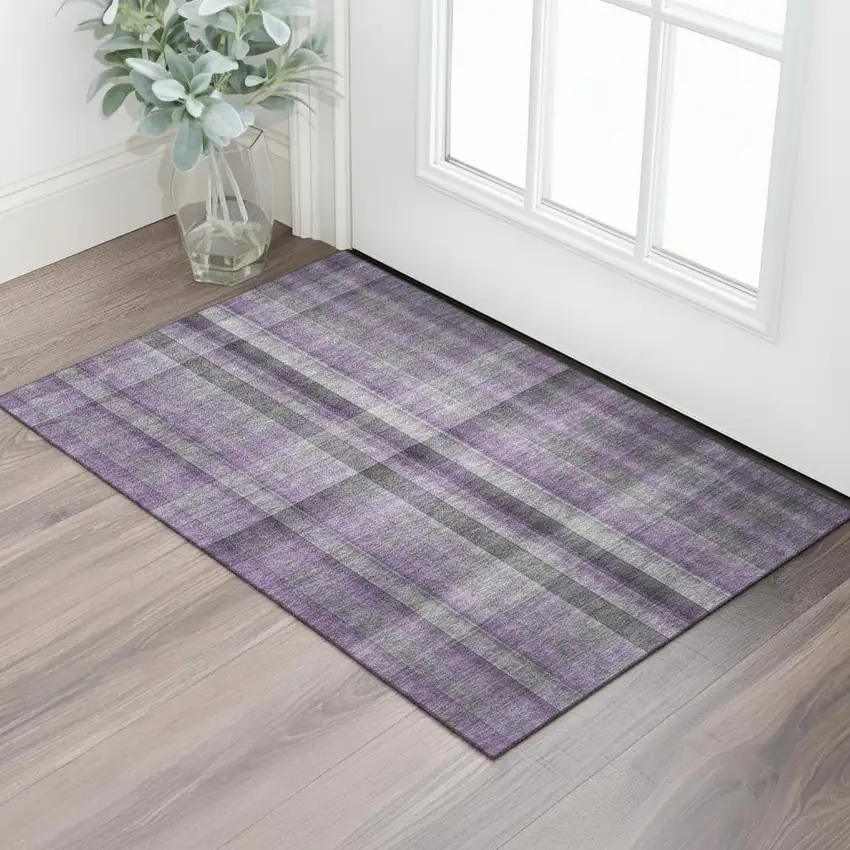 Purple And Gray Plaid Washable Area Rug With UV Protection Photo 2