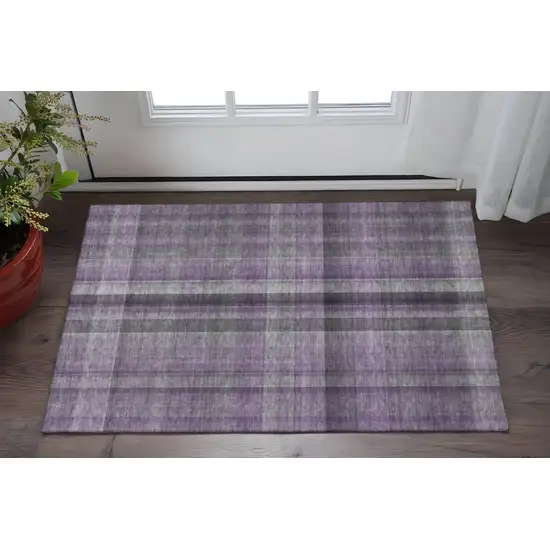 Purple And Gray Plaid Washable Area Rug With UV Protection Photo 2