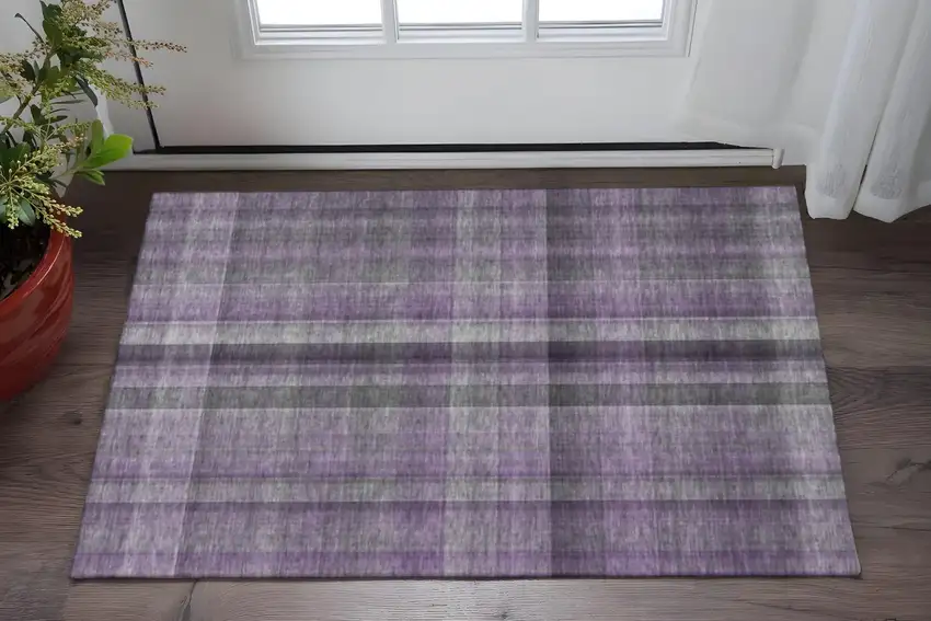 Purple And Gray Plaid Washable Area Rug With UV Protection Photo 2