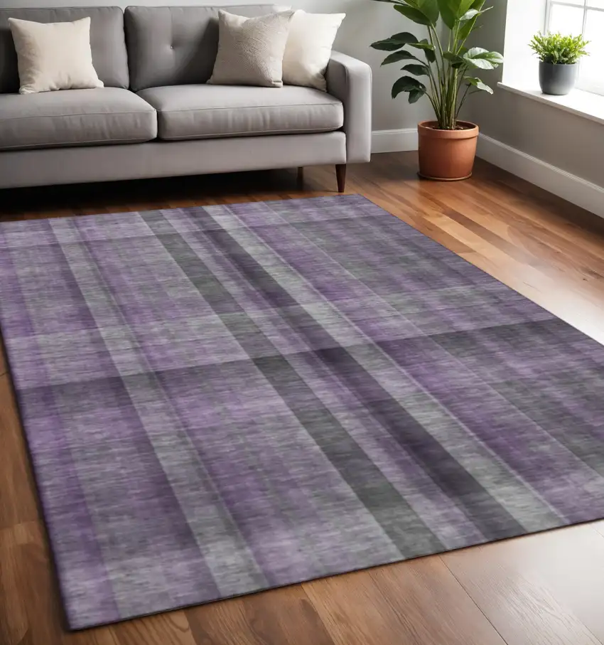 Purple And Gray Plaid Washable Area Rug With UV Protection Photo 2