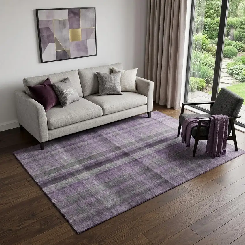 Purple And Gray Plaid Washable Area Rug With UV Protection Photo 1