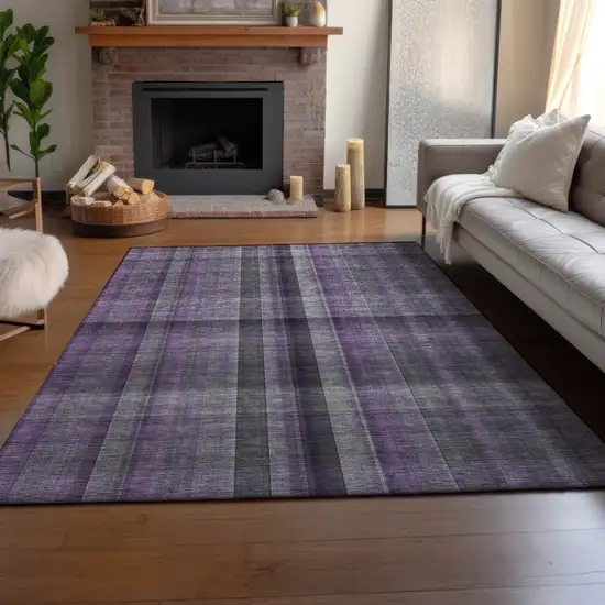 Purple And Gray Plaid Washable Area Rug With UV Protection Photo 6