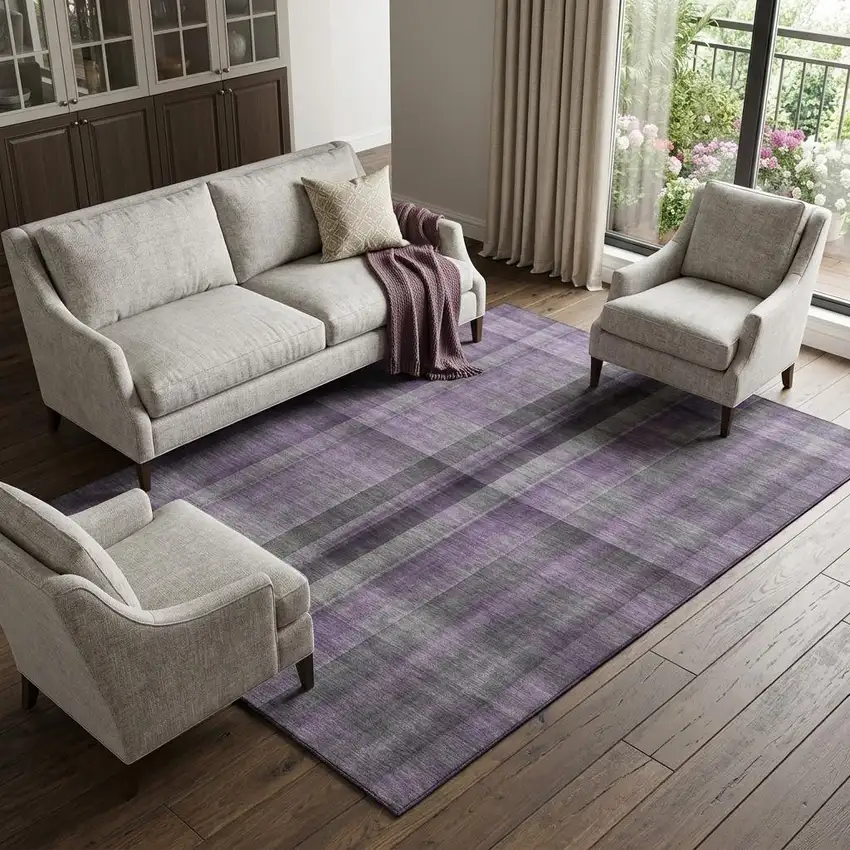 Purple And Gray Plaid Washable Area Rug With UV Protection Photo 1