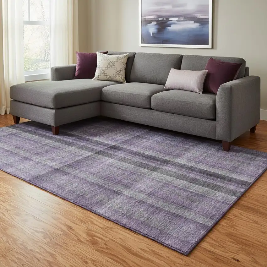 Purple And Gray Plaid Washable Area Rug With UV Protection Photo 1