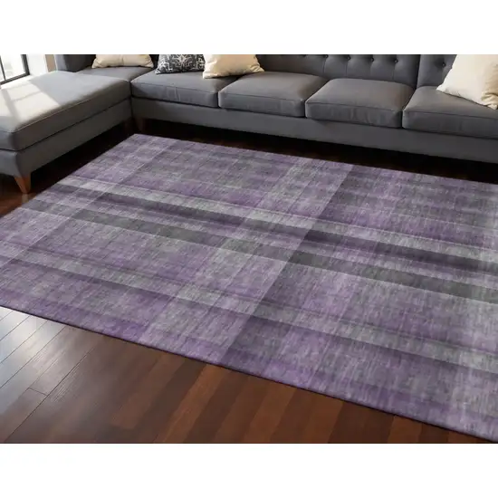Purple And Gray Plaid Washable Area Rug With UV Protection Photo 2