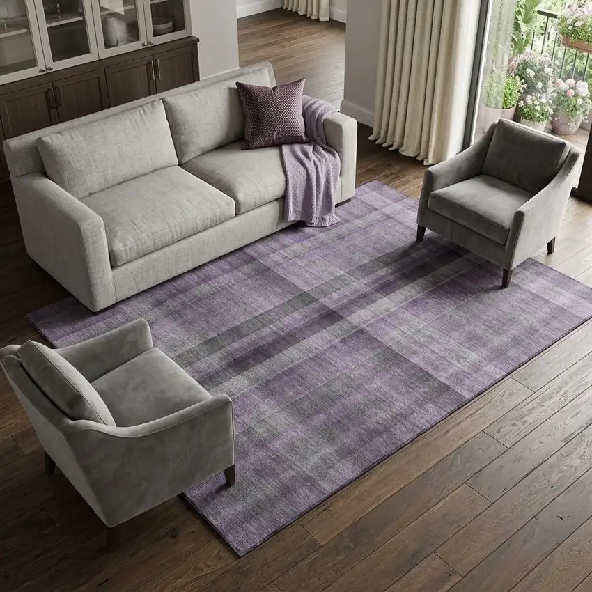 Purple And Gray Plaid Washable Area Rug With UV Protection Photo 1