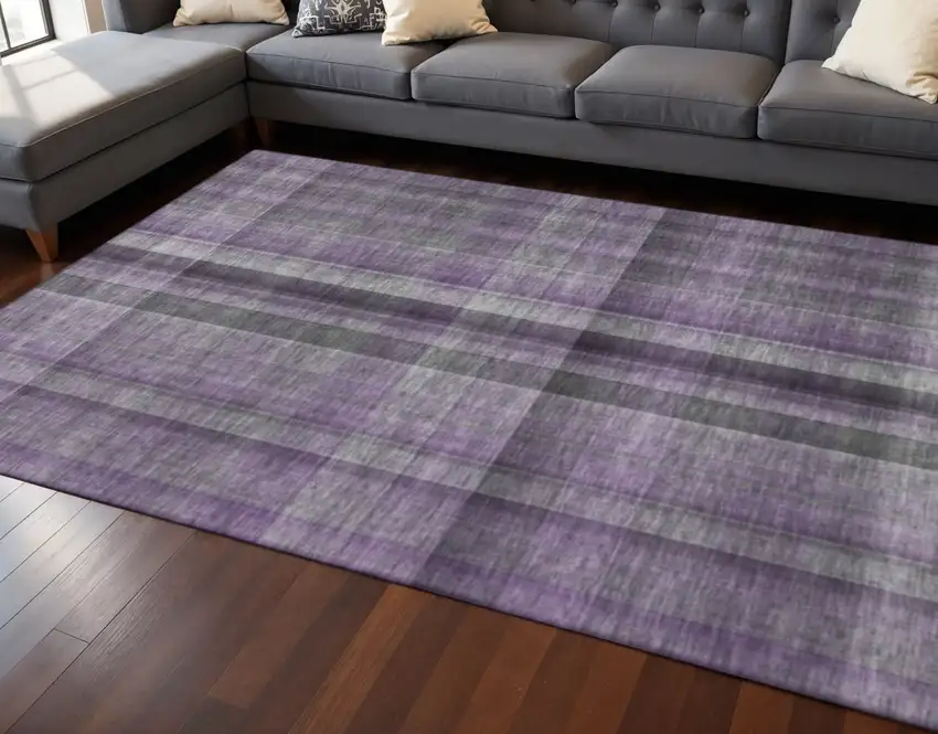 Purple And Gray Plaid Washable Area Rug With UV Protection Photo 2