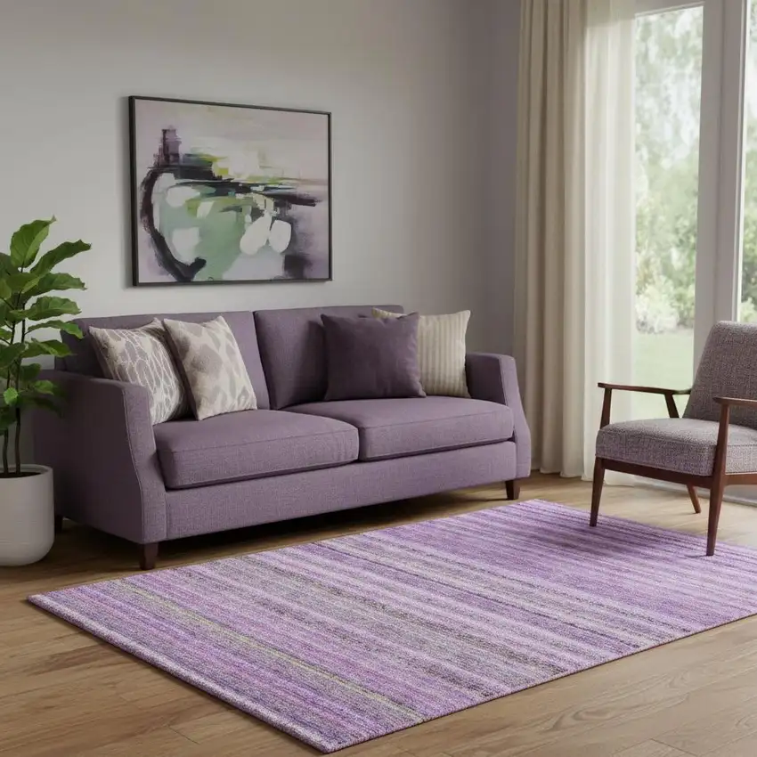 Purple And Gray Striped Washable Area Rug With UV Protection Photo 2