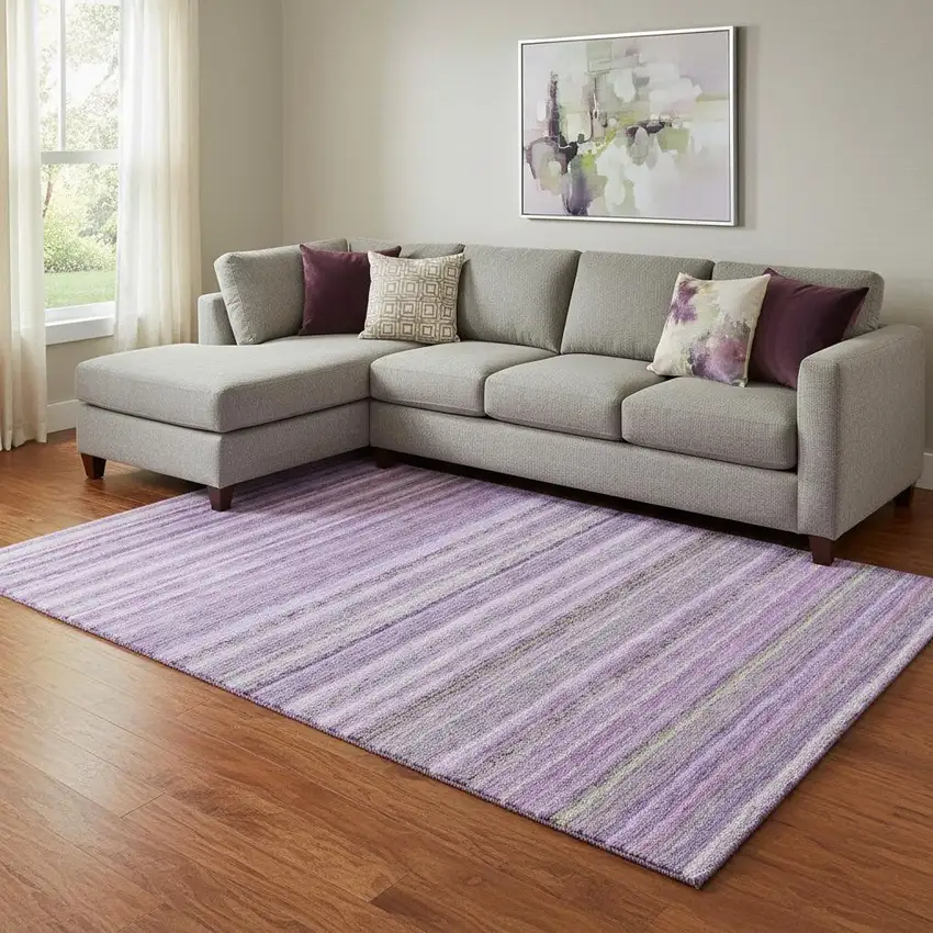Purple And Gray Striped Washable Area Rug With UV Protection Photo 1