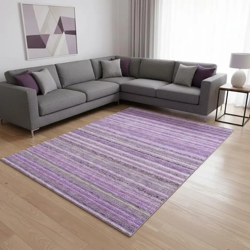 Purple And Gray Striped Washable Area Rug With UV Protection Photo 2