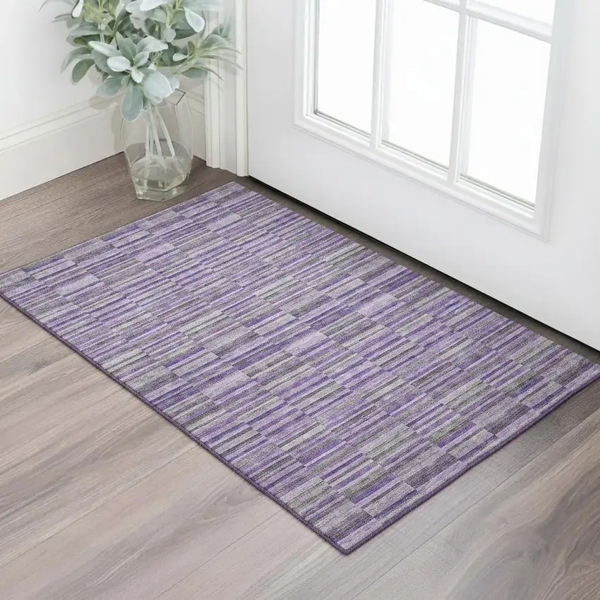 Purple And Gray Striped Washable Area Rug With UV Protection Photo 1