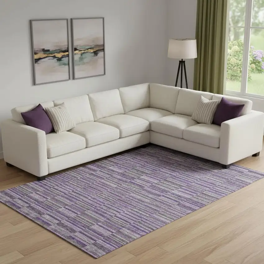 Purple And Gray Striped Washable Area Rug With UV Protection Photo 1