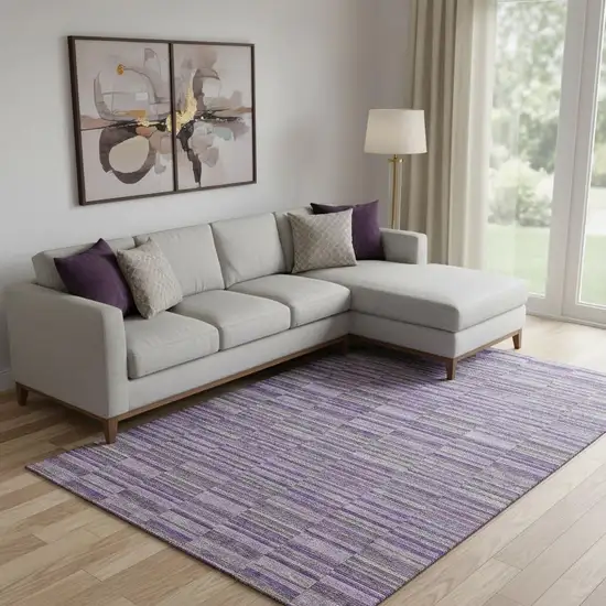 Purple And Gray Striped Washable Area Rug With UV Protection Photo 1