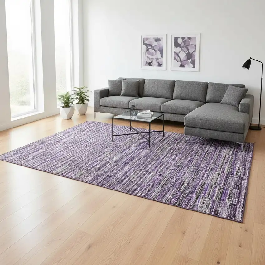 Purple And Gray Striped Washable Area Rug With UV Protection Photo 2