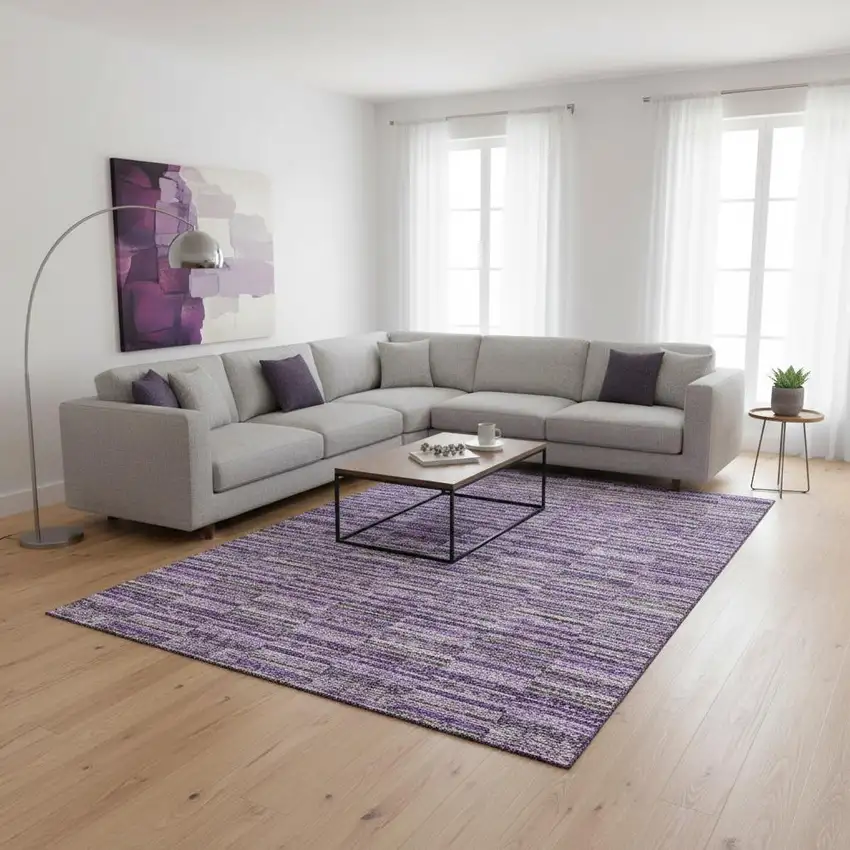 Purple And Gray Striped Washable Area Rug With UV Protection Photo 2