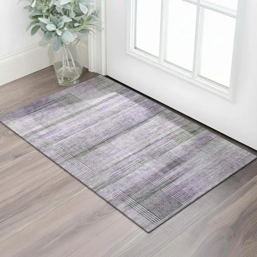 Purple And Gray Striped Washable Area Rug With UV Protection Photo 1