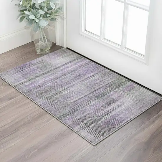 Purple And Gray Striped Washable Area Rug With UV Protection Photo 2