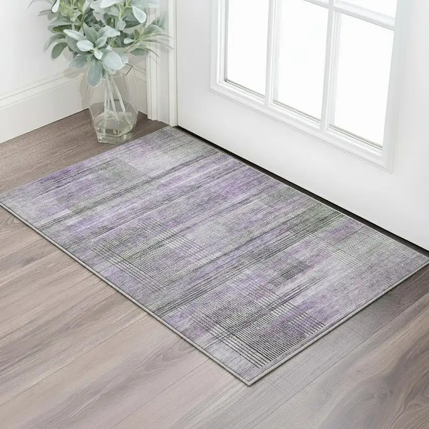 Purple And Gray Striped Washable Area Rug With UV Protection Photo 2