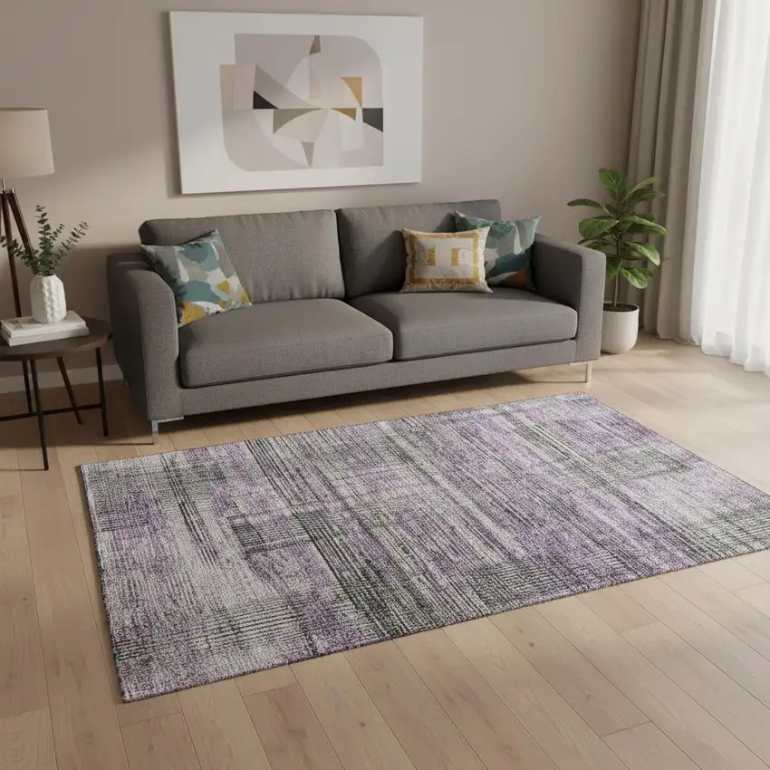 Purple And Gray Striped Washable Area Rug With UV Protection Photo 2