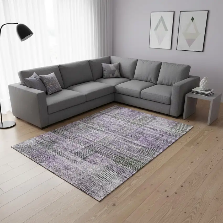 Purple And Gray Striped Washable Area Rug With UV Protection Photo 2