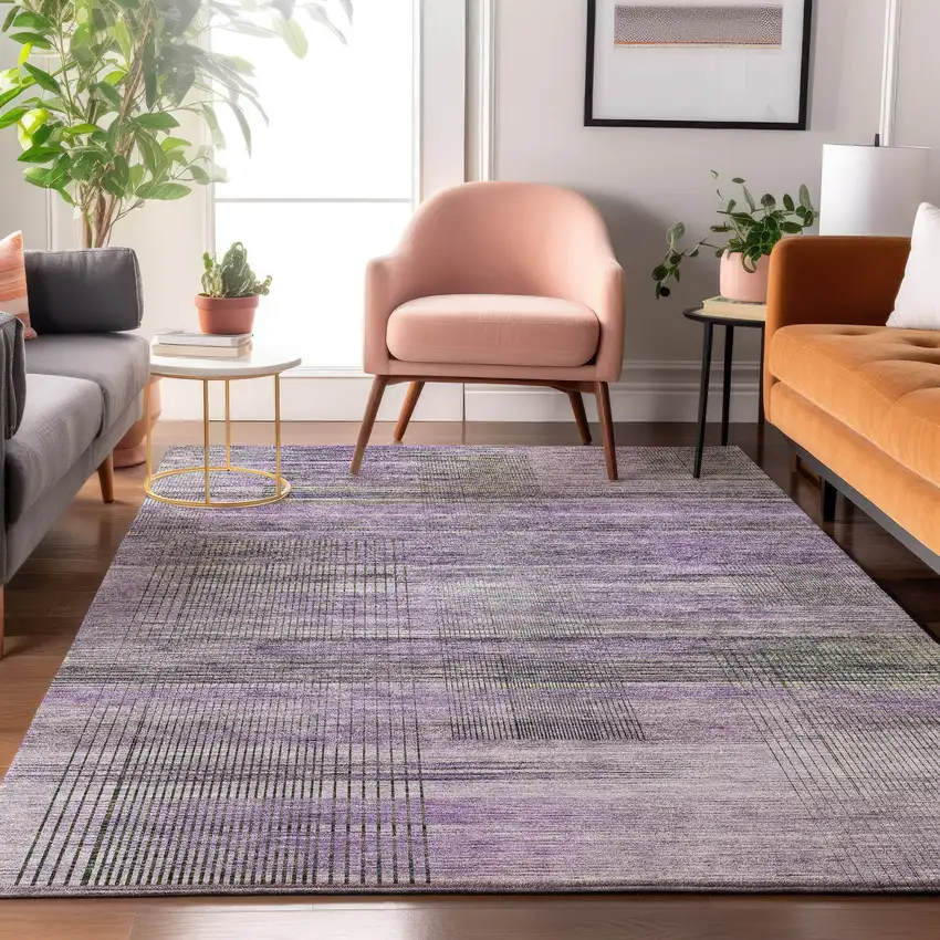 Purple And Gray Striped Washable Area Rug With UV Protection Photo 4