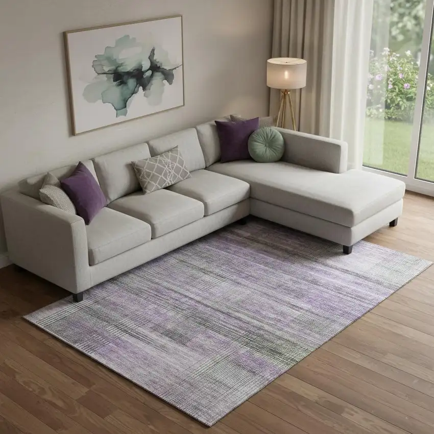 Purple And Gray Striped Washable Area Rug With UV Protection Photo 1