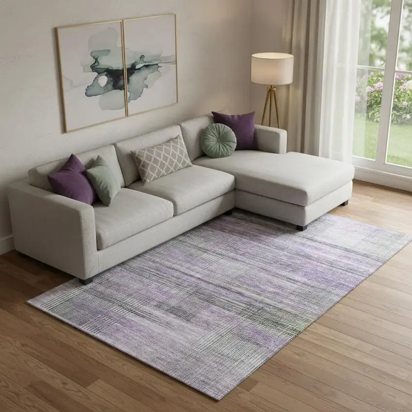 Purple And Gray Striped Washable Area Rug With UV Protection Photo 1