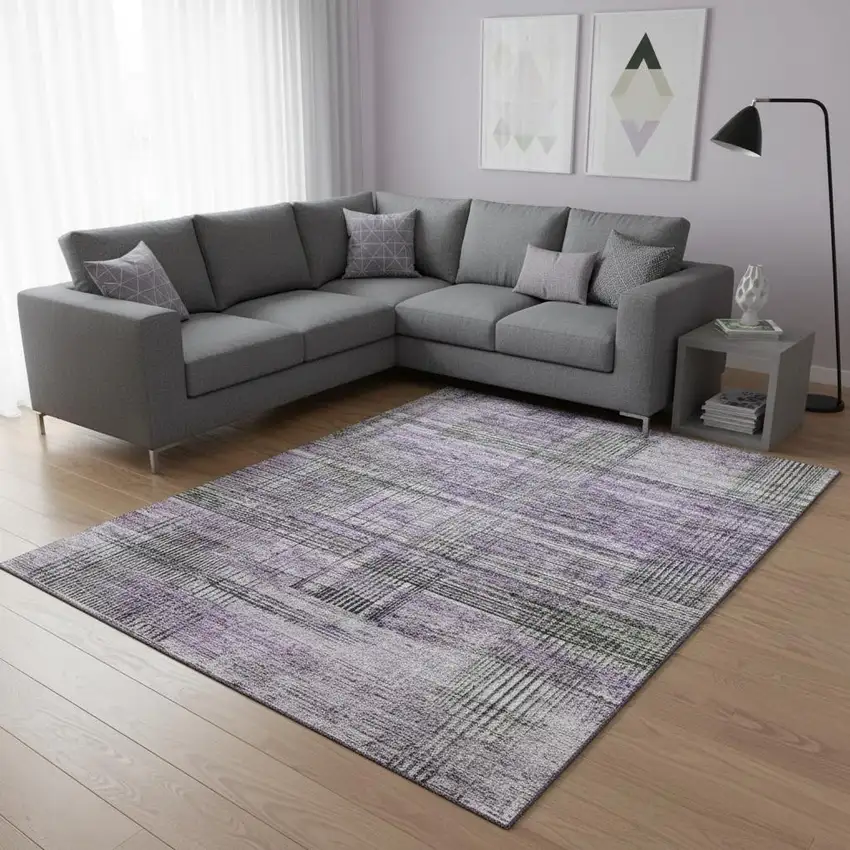 Purple And Gray Striped Washable Area Rug With UV Protection Photo 2