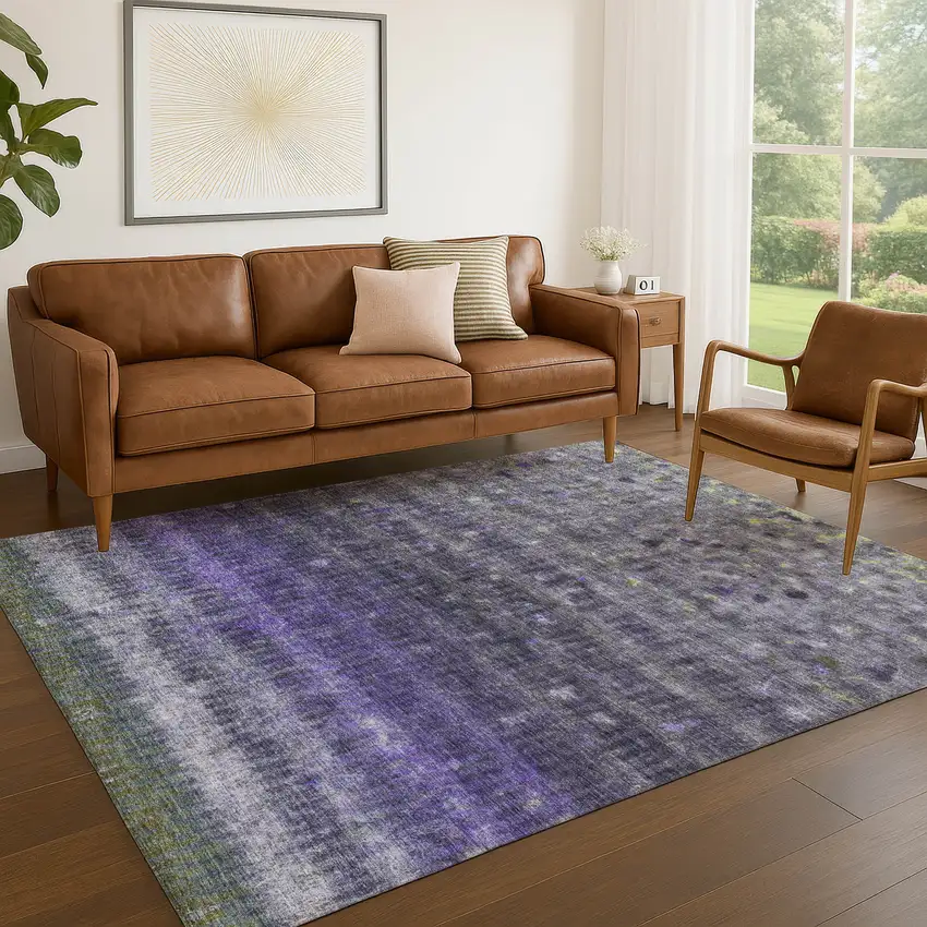 Purple And Gray Striped Washable Indoor Outdoor Area Rug Photo 8