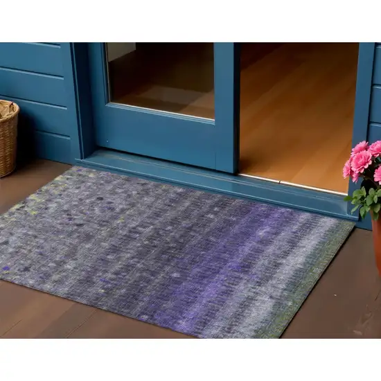 Purple And Gray Striped Washable Indoor Outdoor Area Rug Photo 1