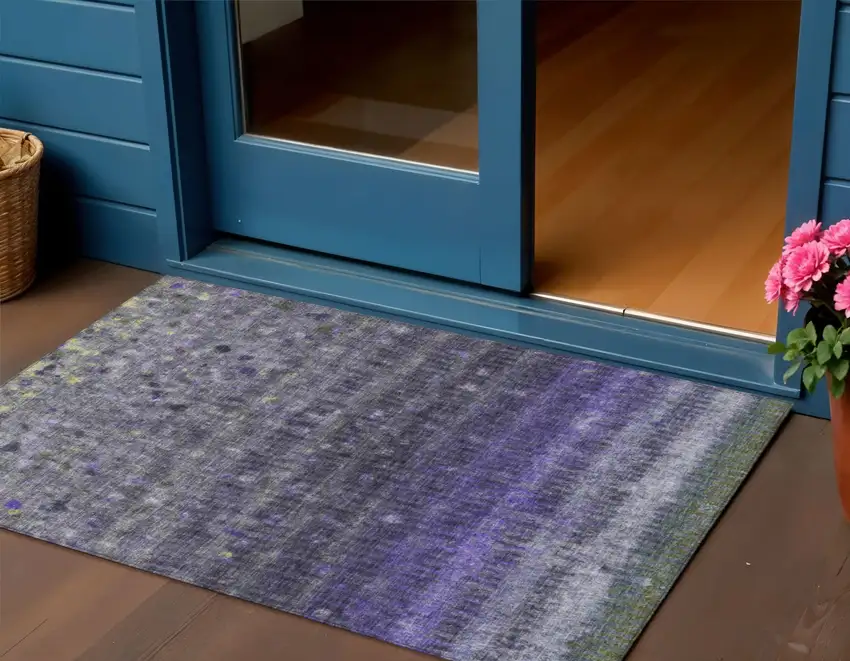 Purple And Gray Striped Washable Indoor Outdoor Area Rug Photo 1