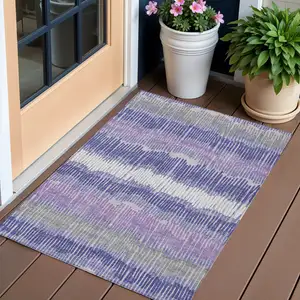 Photo of Purple And Gray Striped Washable Indoor Outdoor Area Rug