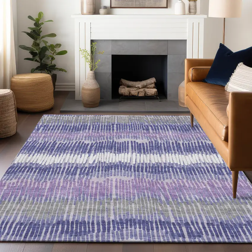 Purple And Gray Striped Washable Indoor Outdoor Area Rug Photo 9