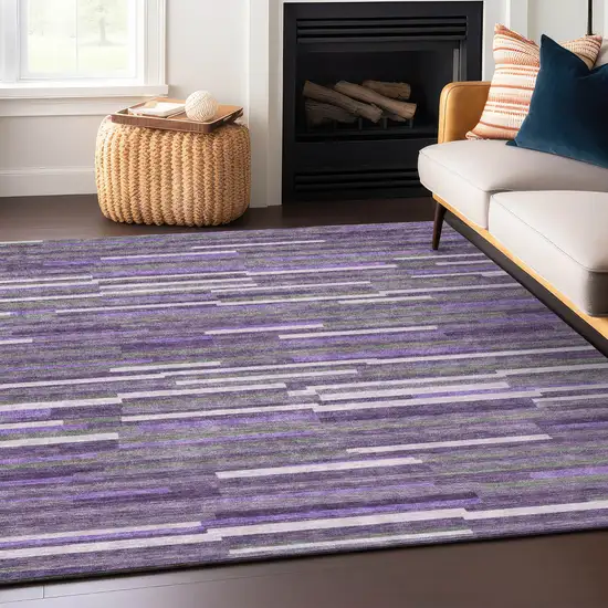 Purple And Gray Striped Washable Indoor Outdoor Area Rug Photo 7