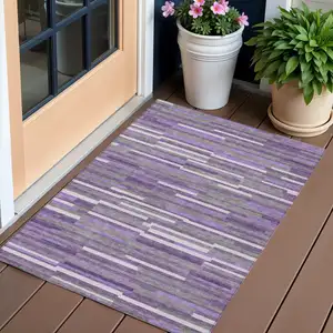 Photo of Purple And Gray Striped Washable Indoor Outdoor Area Rug