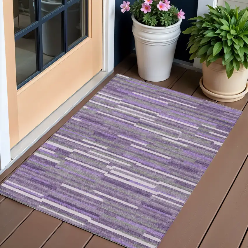 Purple And Gray Striped Washable Indoor Outdoor Area Rug Photo 1