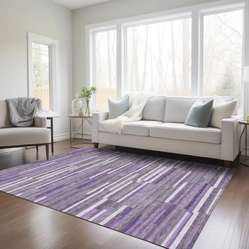 Purple And Gray Striped Washable Indoor Outdoor Area Rug Photo 9