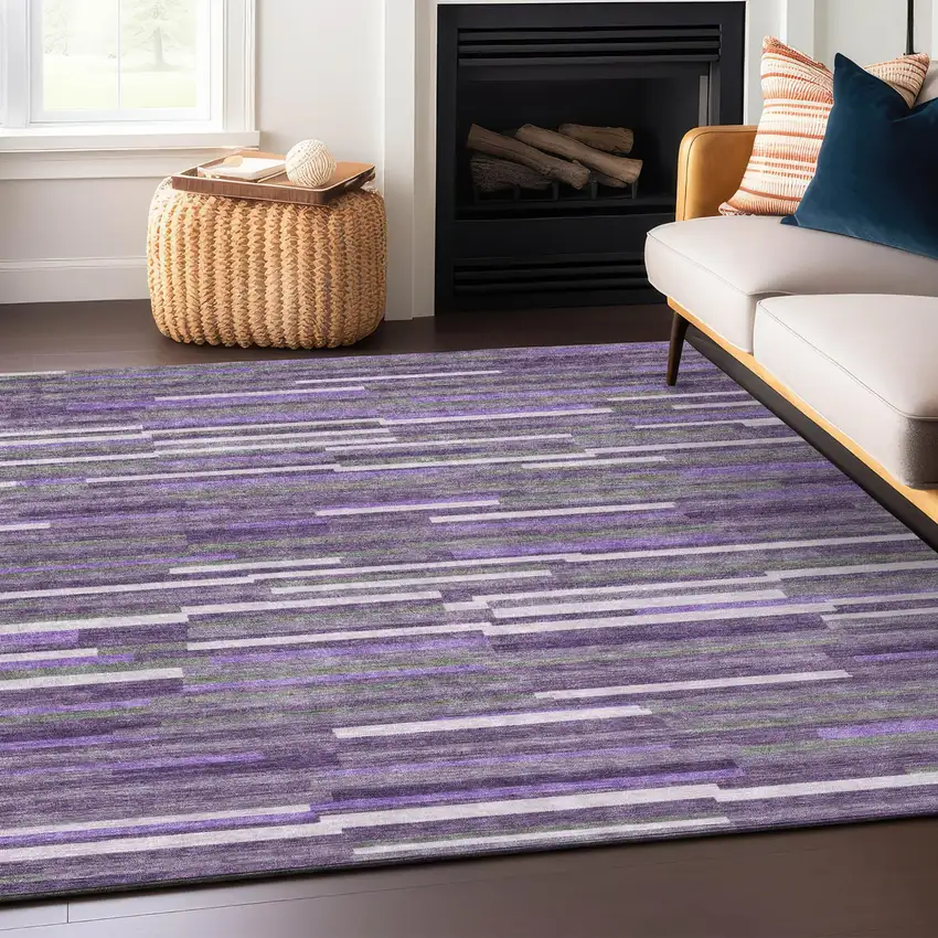Purple And Gray Striped Washable Indoor Outdoor Area Rug Photo 7