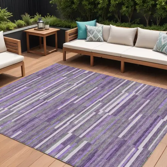 Purple And Gray Striped Washable Indoor Outdoor Area Rug Photo 1