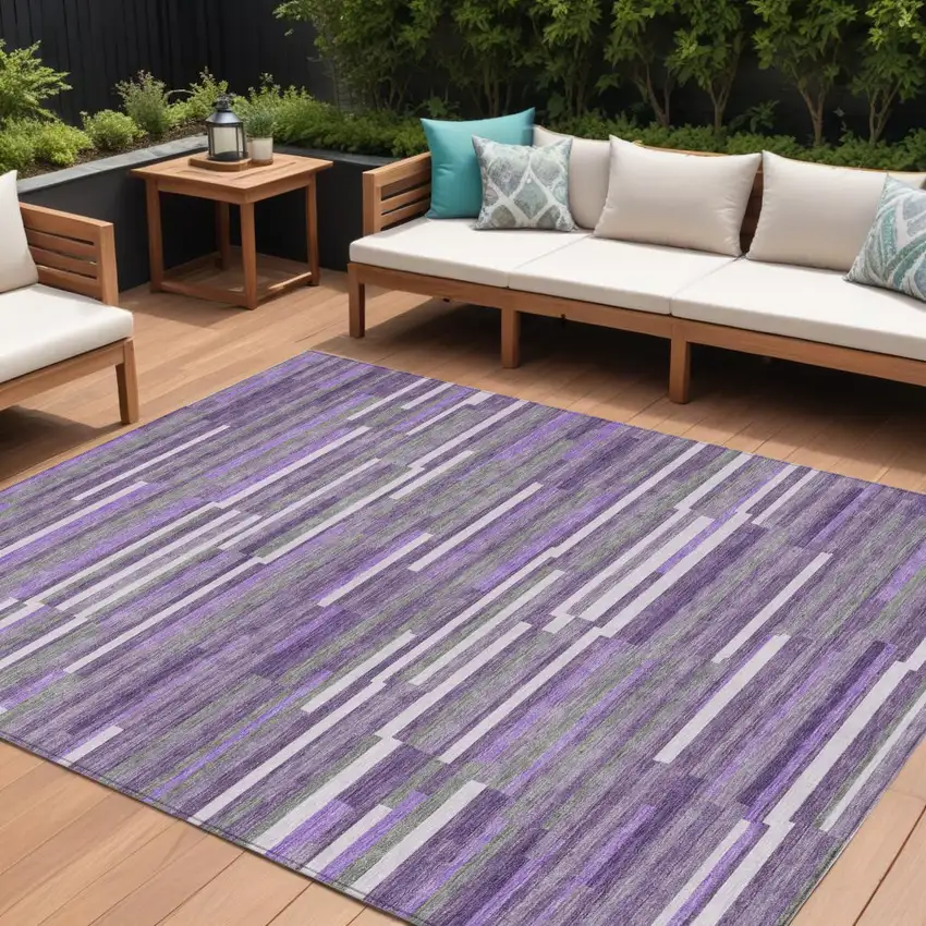 Purple And Gray Striped Washable Indoor Outdoor Area Rug Photo 1