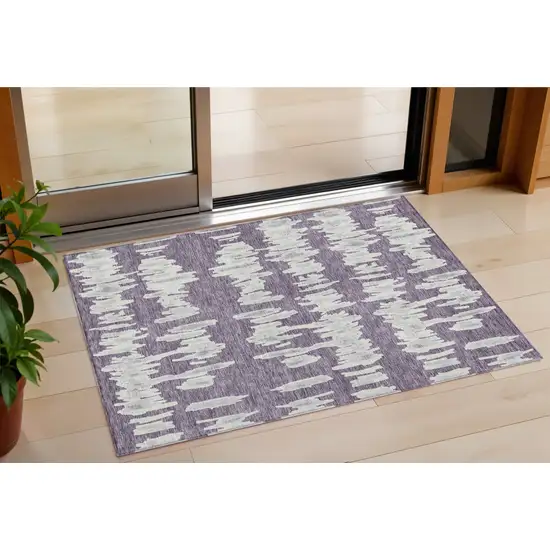 Purple And Gray Striped Washable Indoor Outdoor Area Rug Photo 1