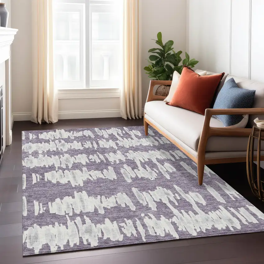 Purple And Gray Striped Washable Indoor Outdoor Area Rug Photo 9