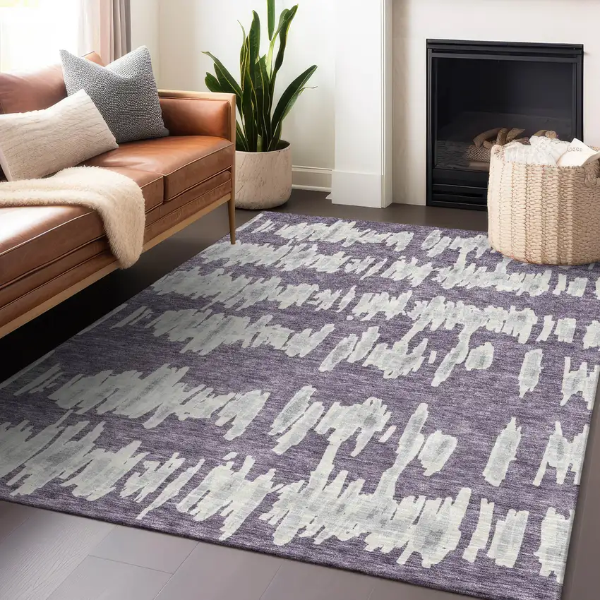 Purple And Gray Striped Washable Indoor Outdoor Area Rug Photo 9