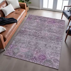 Photo of Purple And Gray Tribal Washable Area Rug With UV Protection