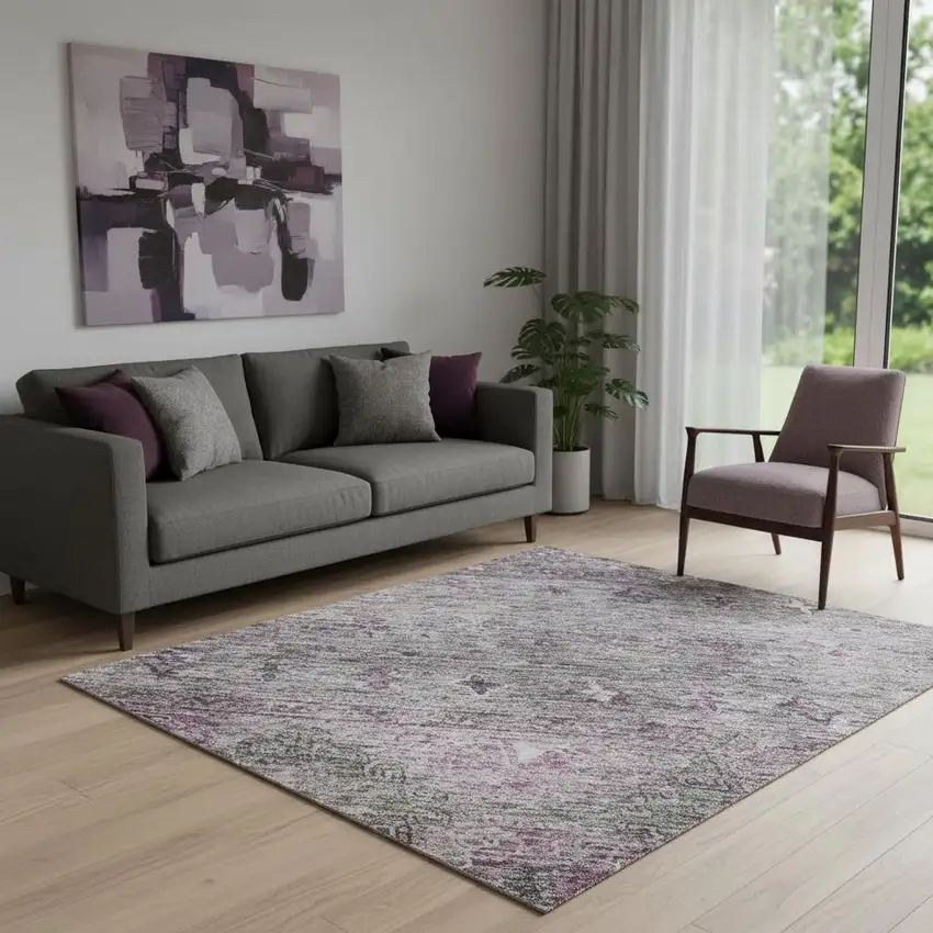 Purple And Gray Tribal Washable Area Rug With UV Protection Photo 2