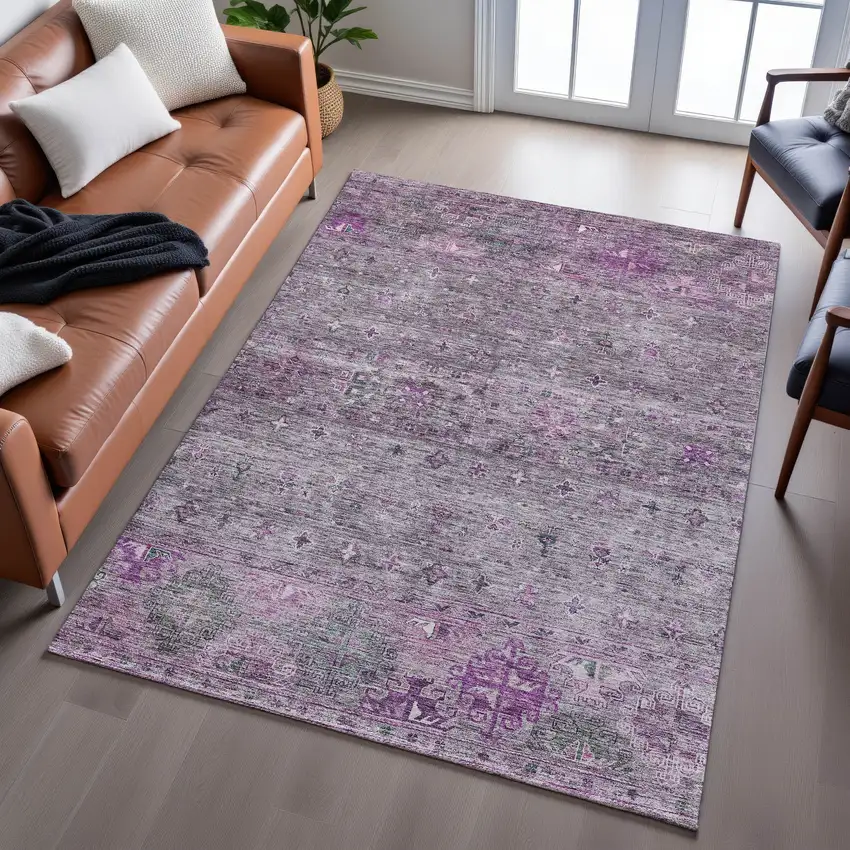 Purple And Gray Tribal Washable Area Rug With UV Protection Photo 3