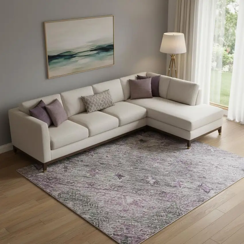 Purple And Gray Tribal Washable Area Rug With UV Protection Photo 2