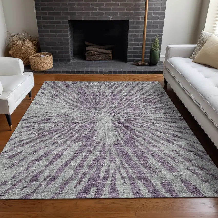 Purple And Gray Zebra Print Washable Area Rug With UV Protection Photo 5