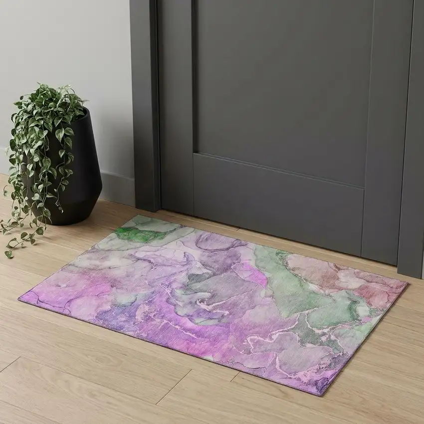 Purple And Green Abstract Washable Area Rug With UV Protection Photo 1