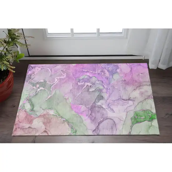 Purple And Green Abstract Washable Area Rug With UV Protection Photo 2